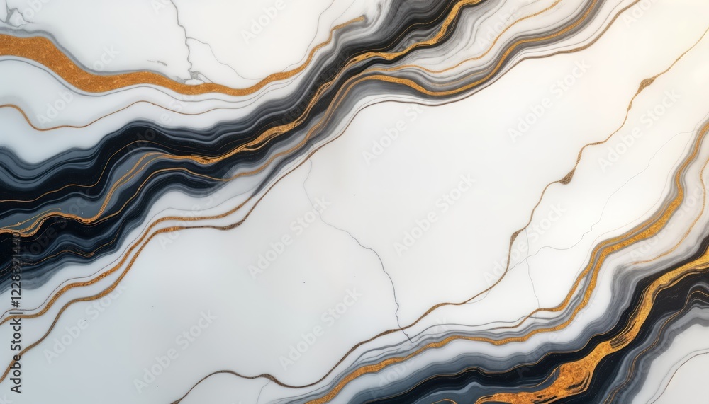 Poster Abstract marble background with white base and black gray and gold veins. Fluid patterns create waves and ripples. Elegant and luxurious design. Suitable for banners or luxury branding materials.