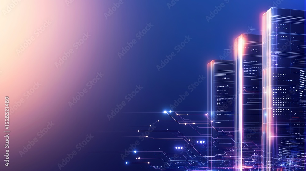 Poster a futuristic digital landscape featuring tall server towers illuminated with vibrant lights, represe