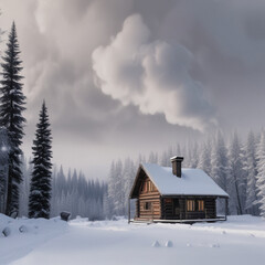 A rustic wooden cabin nestled in a snowy landscape, with smoke curling from the chimney