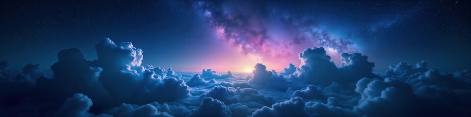 Magical night sky view from above clouds. Colorful cosmos with gradient blue, purple colors. Stars...