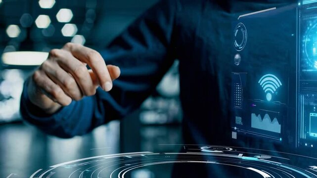 A person is engaging with a futuristic holographic interface featuring various digital icons and data visualizations.