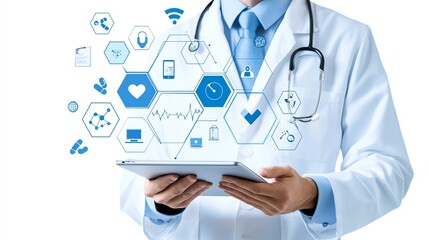 A healthcare professional wearing a lab coat uses a tablet to analyze health data. The image illustrates digital health technology and modern medical practices.