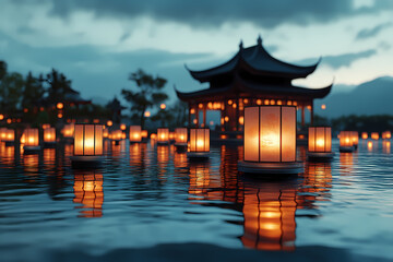 Night scene of a Lantern Festival with glowing paper lanterns illuminating the dark sky, creating a magical and festive atmosphere