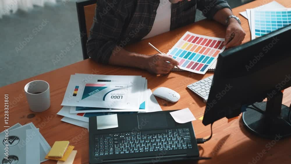 Poster close up of smart business man hand choosing color palettes while sitting at meeting table with note