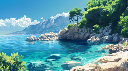A serene coastal view with clear turquoise water and rocky formations against a mountainous backdrop. Sapphire Shores. Illustration
