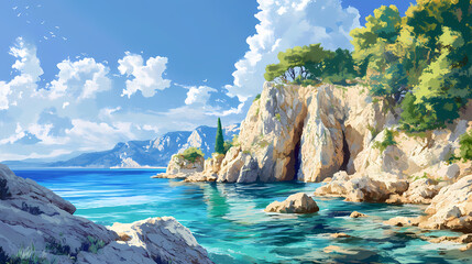 A serene coastal view with clear turquoise water and rocky formations against a mountainous backdrop. Sapphire Shores. Illustration