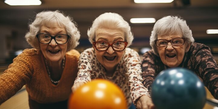 Three cheerful elderly women actively engaged in bowling, showcasing joy and camaraderie in a lively setting. Perfect for promoting senior activities, community events, or leisure programs.