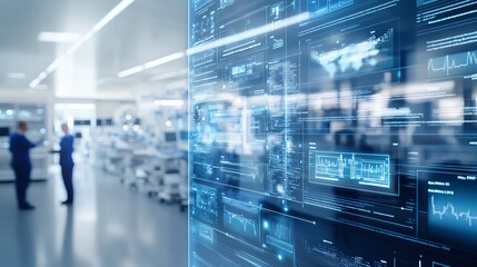 A modern healthcare facility showcasing advanced technology and digital interfaces