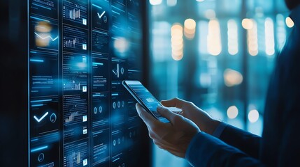 A modern individual interacts with a smartphone, surrounded by digital displays showcasing data and analytics
