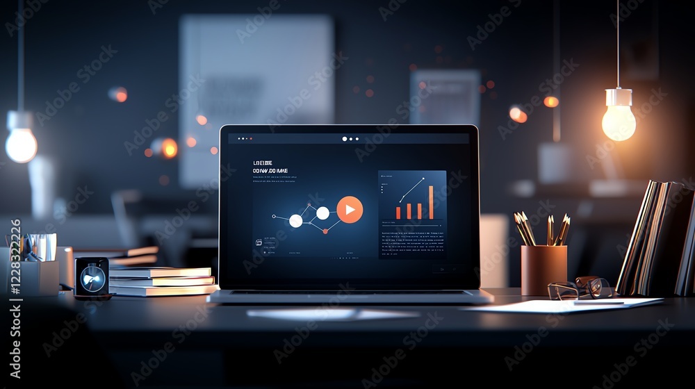 Poster a modern workspace featuring a laptop displaying business analytics with charts and graphs. ambient 