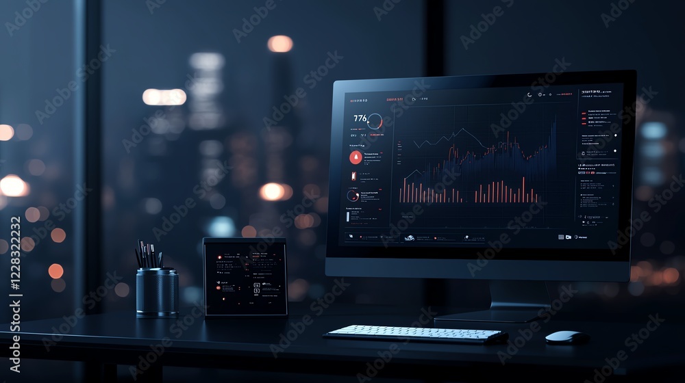 Aufkleber a modern workspace features a high-resolution monitor displaying intricate data visualizations