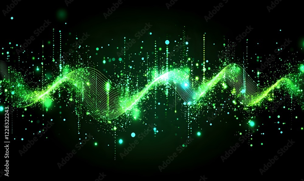 Poster glowing green wave pattern with sparkles and light effects on dark background, digital frequency vis