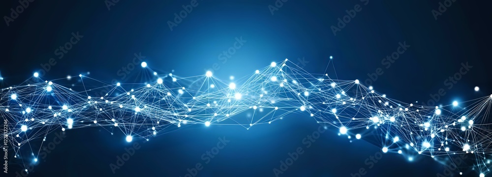 Poster glowing blue network connections with light dots and lines forming wave pattern against dark backgro