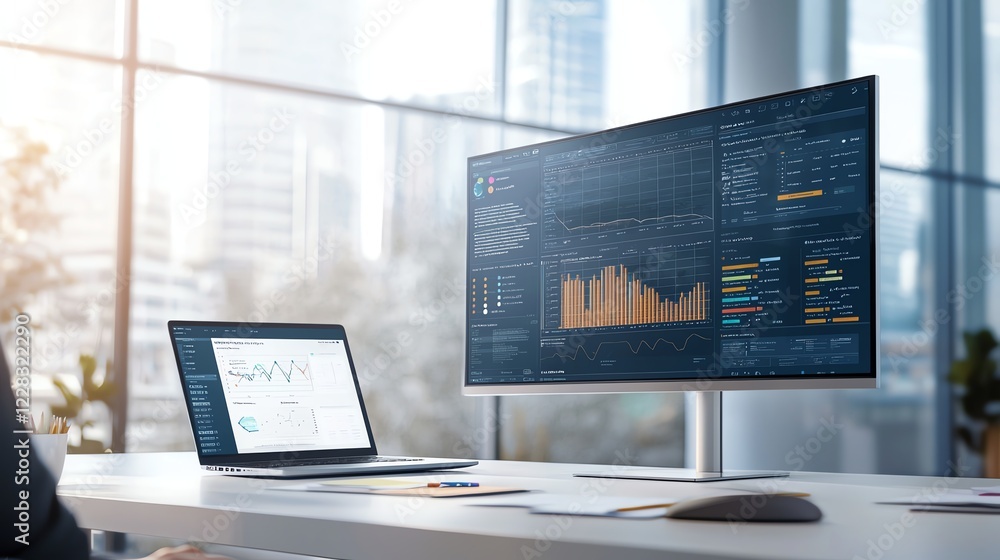 Aufkleber a modern workspace featuring dual monitors displaying data analytics and charts. a laptop is open be