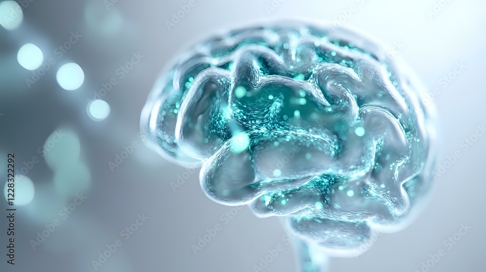 Poster glowing turquoise brain model with luminous particles and bokeh effect on blurred background shows n
