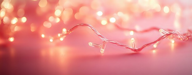 String of glowing fairy lights creating magical bokeh effect against soft pink background, festive holiday atmosphere for Christmas and celebrations.