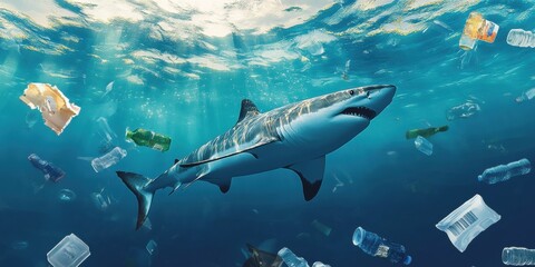 Fototapeta premium A striking image of a shark swimming amidst floating plastic waste, highlighting the urgent issue of ocean pollution and its impact on marine life.