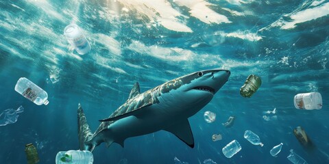 Fototapeta premium A striking image of a shark swimming through polluted waters, highlighting the urgent issue of oceanic plastic waste and its impact on marine life.