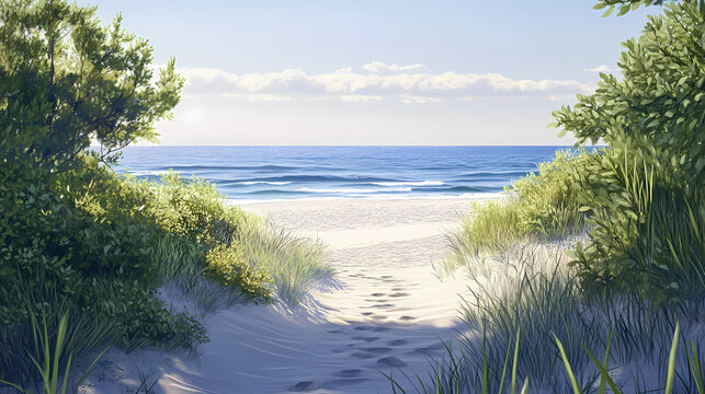 A tranquil ocean view featuring sandy shores and lush greenery, capturing the essence of a serene coastal escape. Sapphire Shores. Illustration