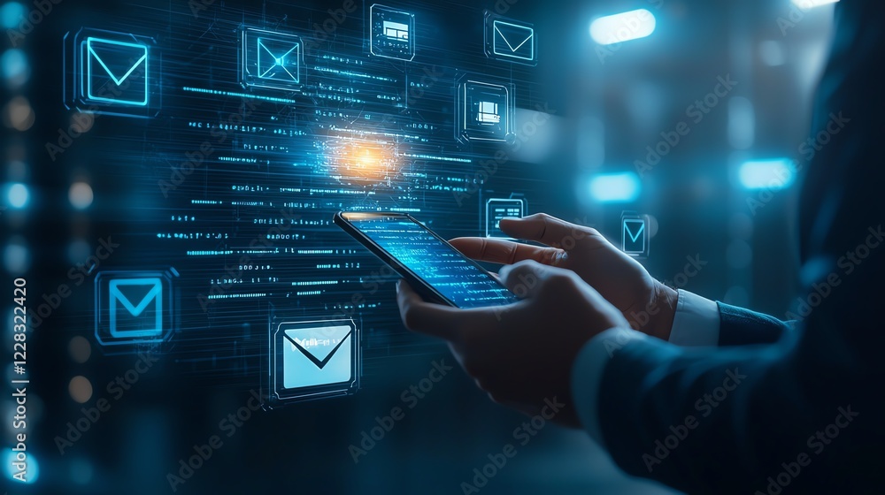 Poster a person interacting with a smartphone displaying digital email notifications and information, symbo