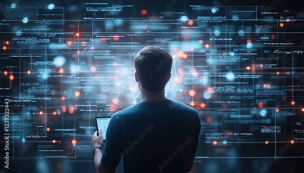 Poster a person standing in front of a digital screen filled with abstract data visuals
