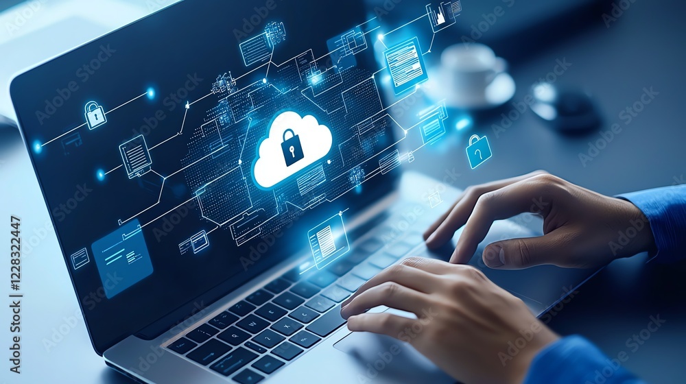 Poster a person using a laptop with a digital cloud and data protection interface. this image represents mo