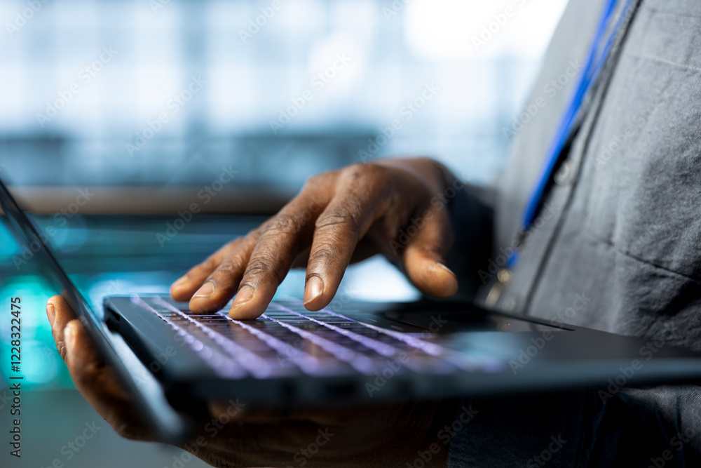 Aufkleber employee in data center typing on laptop keyboard, analyzing metrics, optimizing storage volumes. cl