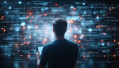 A person standing in front of a digital screen filled with abstract data visuals