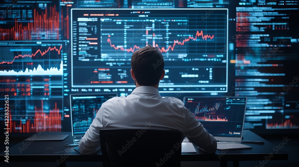 Poster a professional analyzing data on multiple screens, immersed in financial graphs and statistics, show