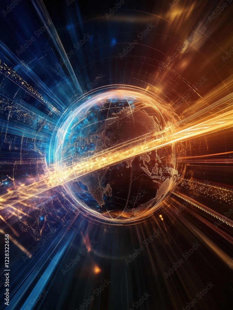 Poster Globe spinning with glowing contours highlights global connectivity and dynamic movement in a dark environment. Generative AI