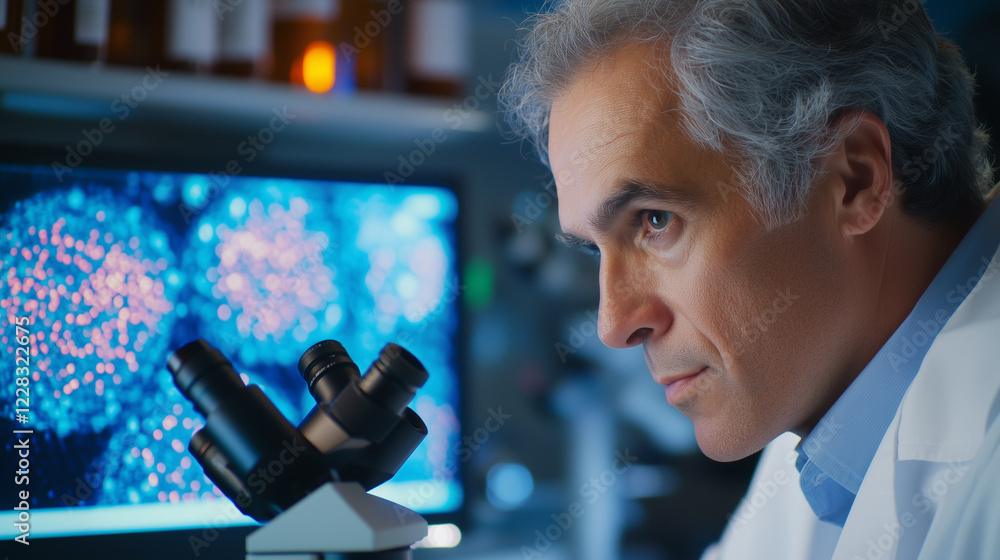 Poster senior scientist adjusting microscope in advanced laboratory