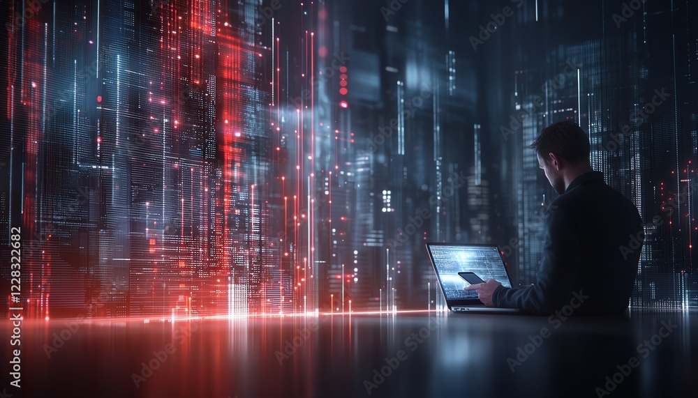Poster a professional focused on a laptop screen, surrounded by digital data visuals, representing the inte