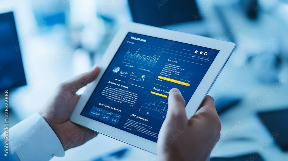Aufkleber a professional holding a tablet displaying data analytics and charts in a modern office environment