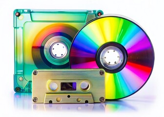 Naklejka premium Retro Music Formats: Cassette Tape and Compact Disc on White Background