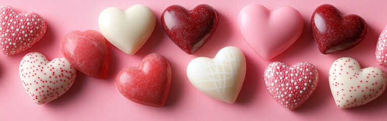 Fototapeta premium Border of pink and red hearts on soft pink background. Great for cards, advertisements, and social media posts.