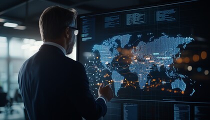 A professional examining a digital world map displaying data analytics in a modern office. The scene represents global communication and technological advancement in business.