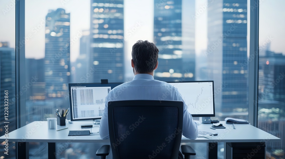 Poster a professional man sits in an office with a view of skyscrapers, focused on his computer screens. th