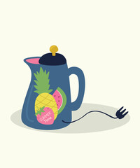 Illustration with Electro Kettle at Summer Fruits Pattern