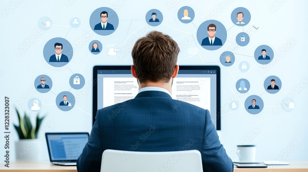 Poster a professional person working with multiple virtual connections displayed on screens, symbolizing te
