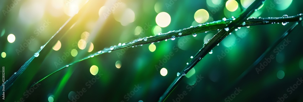 Poster morning dew drops on green grass blades with soft bokeh lights and sunbeams creating magical natural