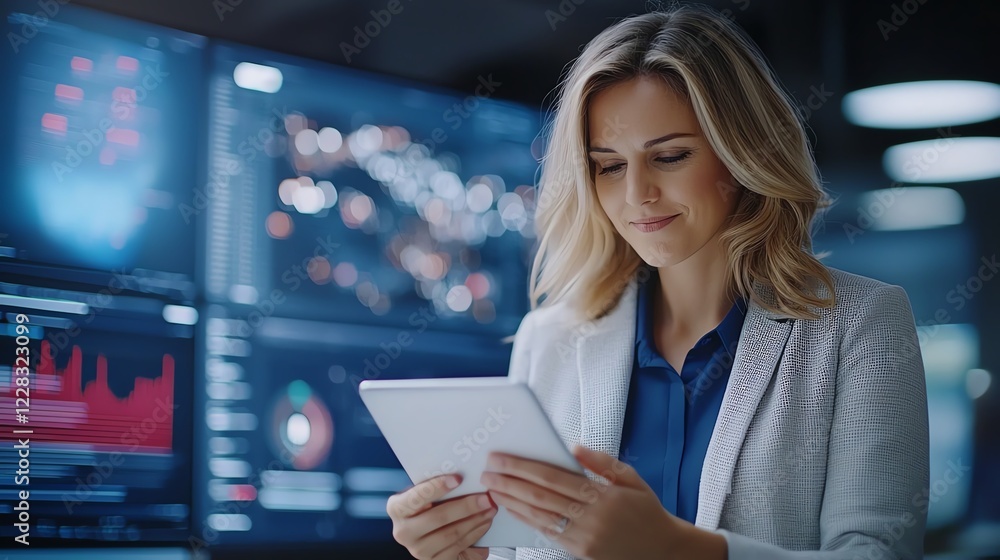 Poster a professional woman uses a tablet while analyzing data on multiple screens in a modern office setti