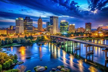 Richmond Virginia Downtown Skyline Night Panoramic Photography Stock Photo
