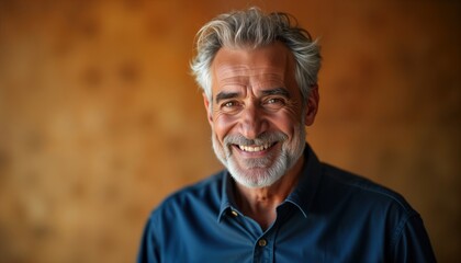 Happy senior Hispanic man smiling warmly. Mature male with gray hair, beard. Friendly expression, showing healthy teeth. Studio shot against warm brown background. Image evokes joy, happiness in