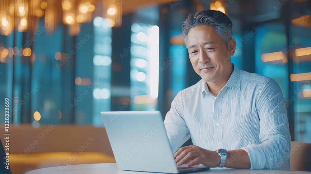 Poster a smiling middle-aged man working on a laptop in a modern office environment. the bright space featu