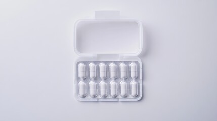 White pills in plastic container on white background,  top view, medicine packaging, healthcare concept