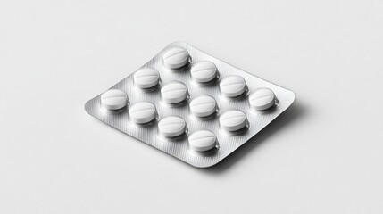 White pills in blister pack on white background