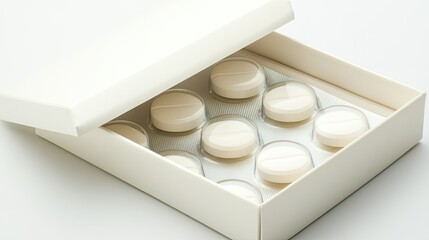 White medicine pills in a cardboard box, open box, studio shot, pills organized in clear plastic compartments