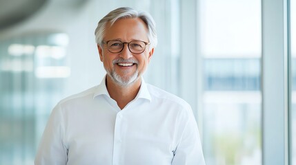 Fototapeta premium A smiling senior man in glasses stands confidently in a modern office setting, exuding warmth and professionalism. Ideal for business, lifestyle, and personal branding themes.
