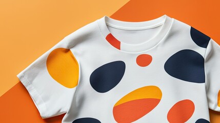 Abstract-patterned kids' t-shirt on orange background, showcasing clothing design, for online shop product display