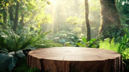 Lush Jungle Forest Wooden Stump Display Tropical Sunlight Background